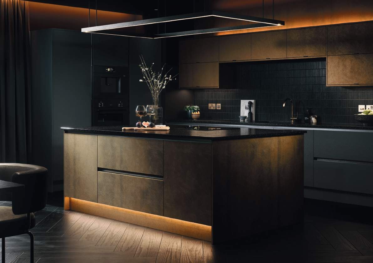 Quadra Metallic contemporary kitchen in deep charcoal and warm timber