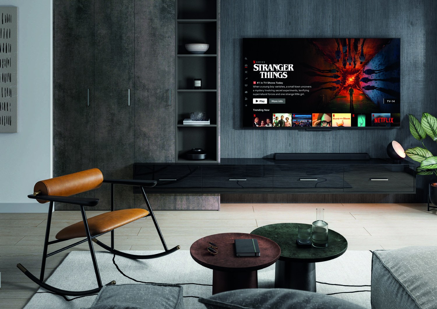 Quadra Metallic media wall with integrated television and storage